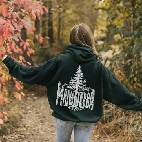 Celebrate the wild spirit of Manitoba with this eye-catching hoodie featuring "Manitoba" written in a unique tree branch font.